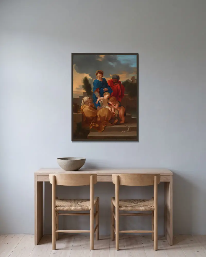 The Holy Family with Saint Elizabeth and the infant Saint John the Baptist – nr 2 av Sébastien Bourdon inramad på en vägg