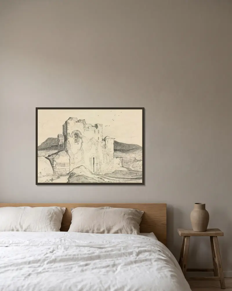 Ett slott i Normandie av John Sell Cotman inramad på en vägg