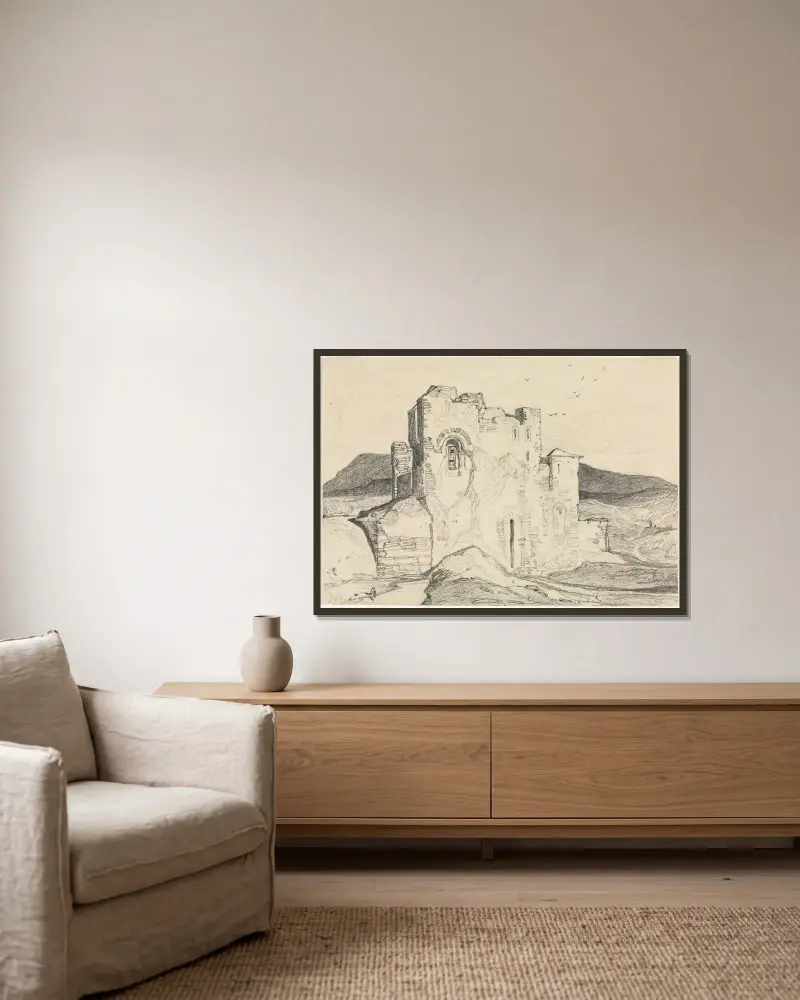 Ett slott i Normandie av John Sell Cotman inramad på en vägg
