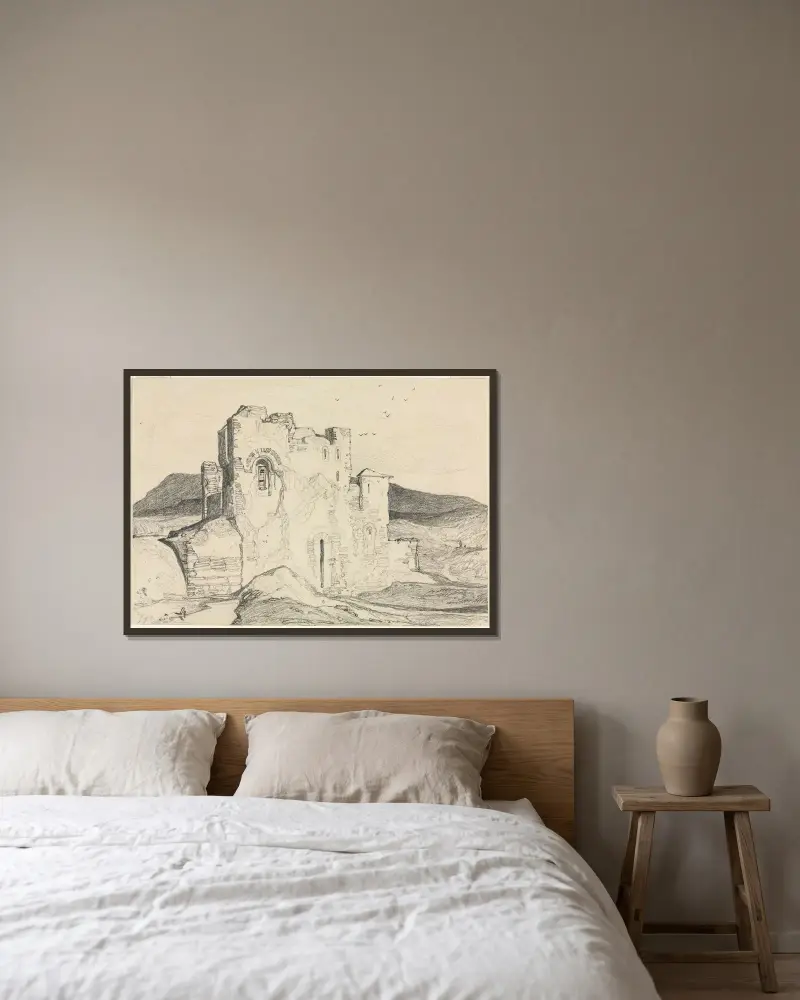 Ett slott i Normandie av John Sell Cotman inramad på en vägg
