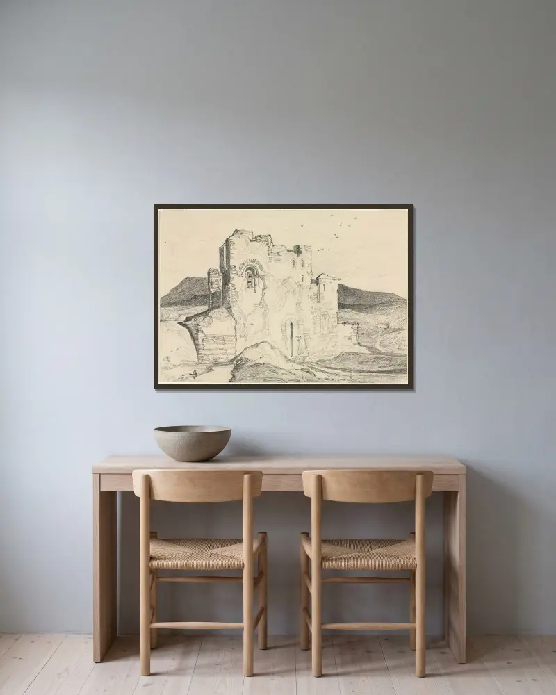 Ett slott i Normandie av John Sell Cotman inramad på en vägg
