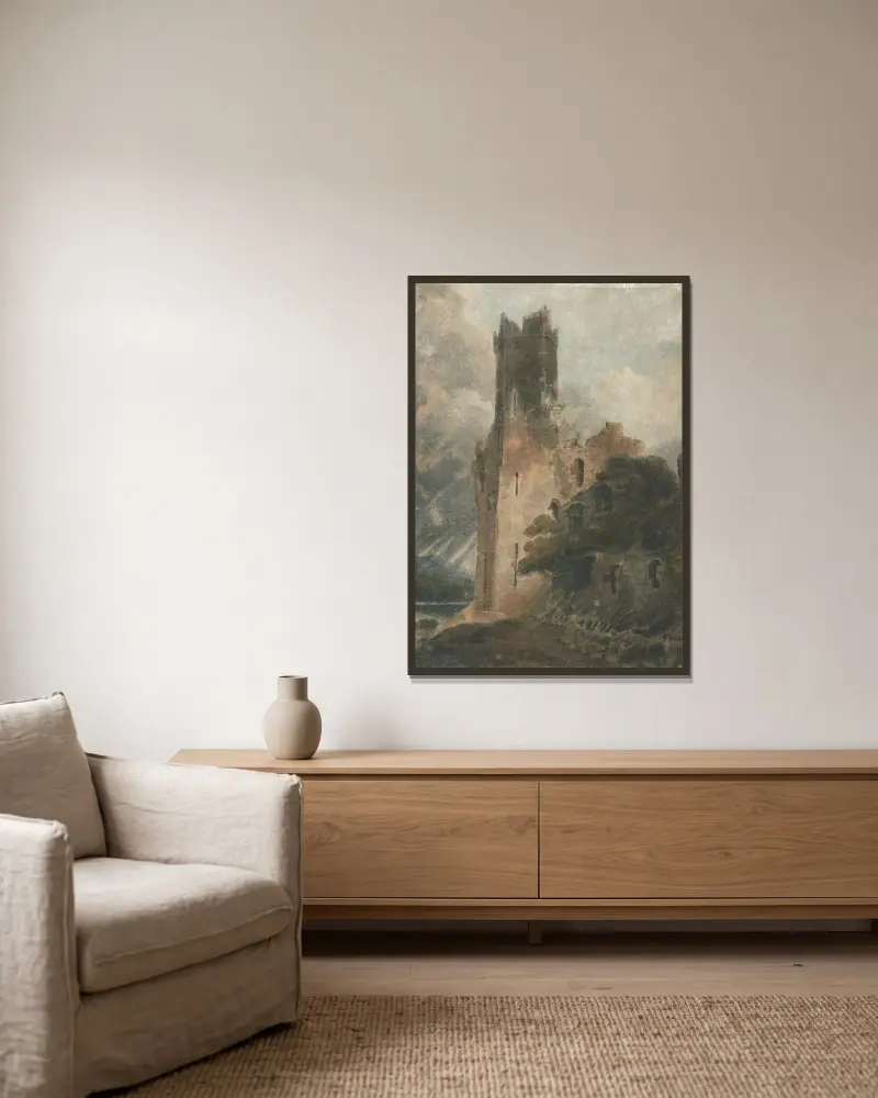 Ett slottstorn (Caernarvon Castle) av John Sell Cotman inramad på en vägg