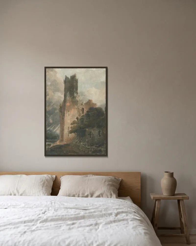Ett slottstorn (Caernarvon Castle) av John Sell Cotman inramad på en vägg