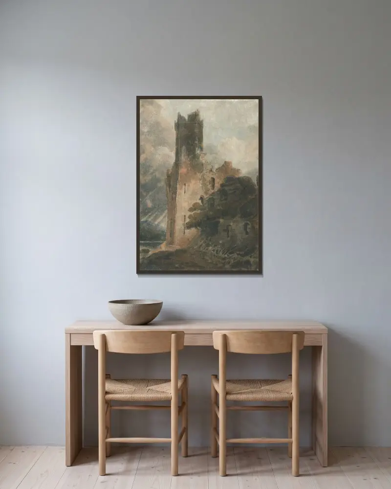 Ett slottstorn (Caernarvon Castle) av John Sell Cotman inramad på en vägg