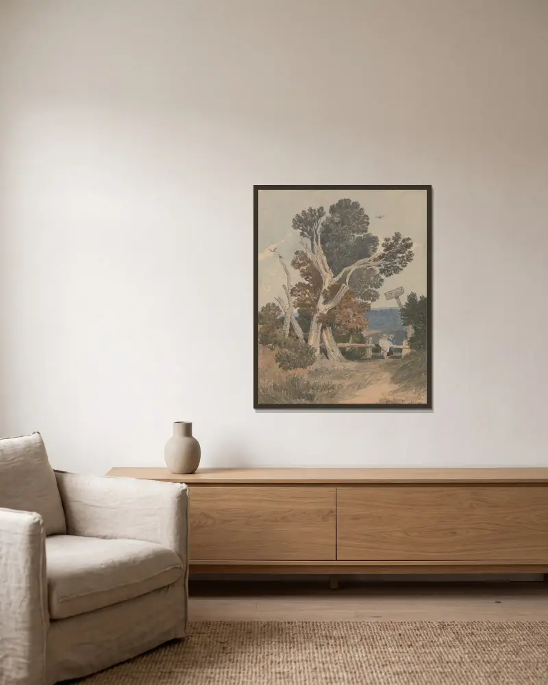 En grupp träd vid ett staket av John Sell Cotman inramad på en vägg
