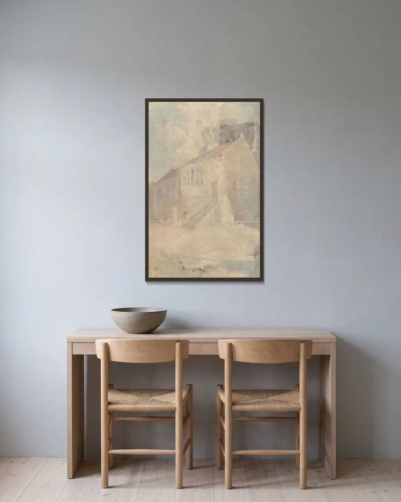 En gammal byggnad med burspråk, ombyggd till lada av John Sell Cotman inramad på en vägg