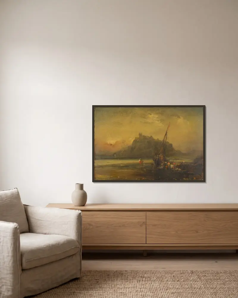 Strandscen av John Sell Cotman inramad på en vägg
