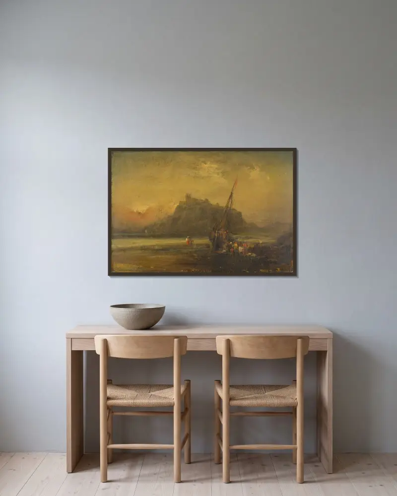 Strandscen av John Sell Cotman inramad på en vägg