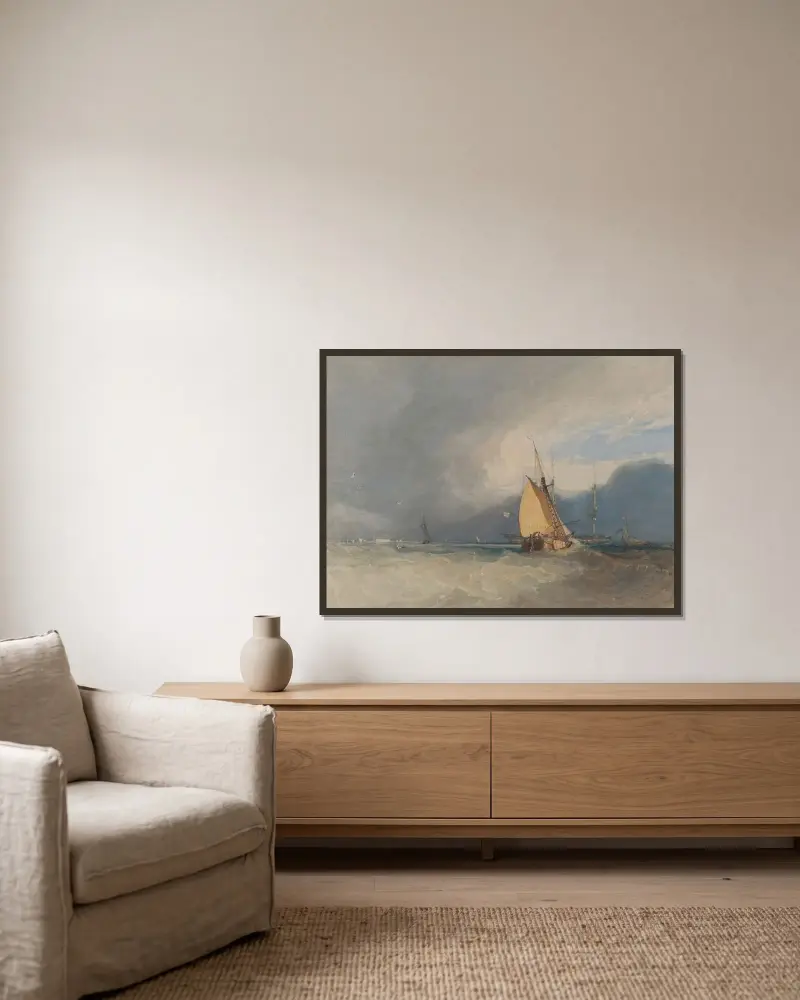 Båtar utanför kusten, storm på väg av John Sell Cotman inramad på en vägg