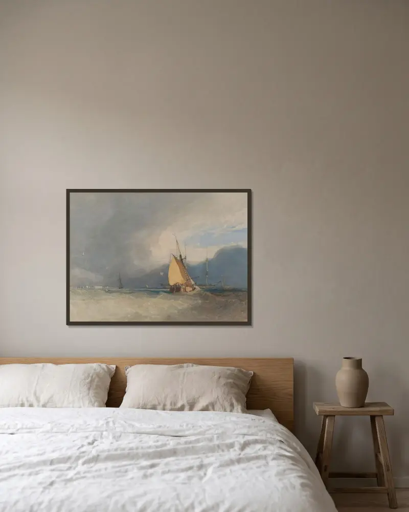 Båtar utanför kusten, storm på väg av John Sell Cotman inramad på en vägg