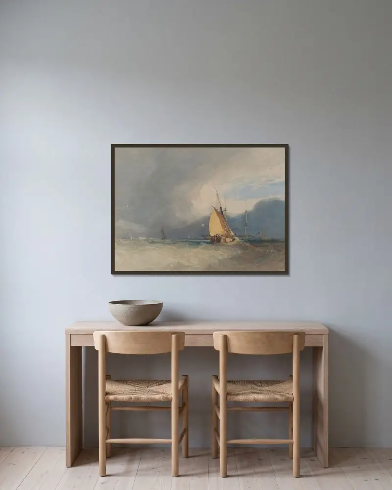 Båtar utanför kusten, storm på väg av John Sell Cotman inramad på en vägg