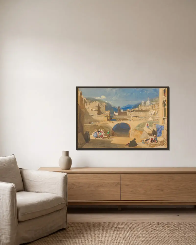 Brücke in einer kontinentalen Stadt von John Sell Cotman gerahmt an einer Wand