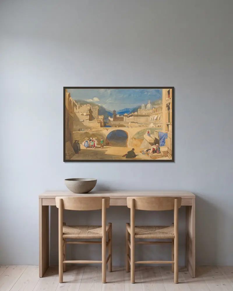 Brücke in einer kontinentalen Stadt von John Sell Cotman gerahmt an einer Wand