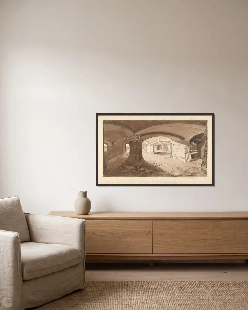 Urgrävda grottor i klippan vid slottet Château Gaillard, nära Andelys, Normandie av John Sell Cotman inramad på en vägg