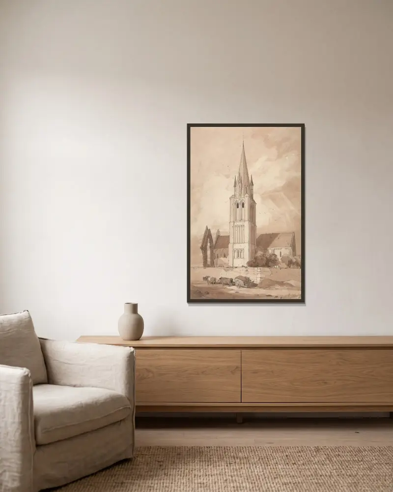 Kyrkan i Douvres, Normandie av John Sell Cotman inramad på en vägg