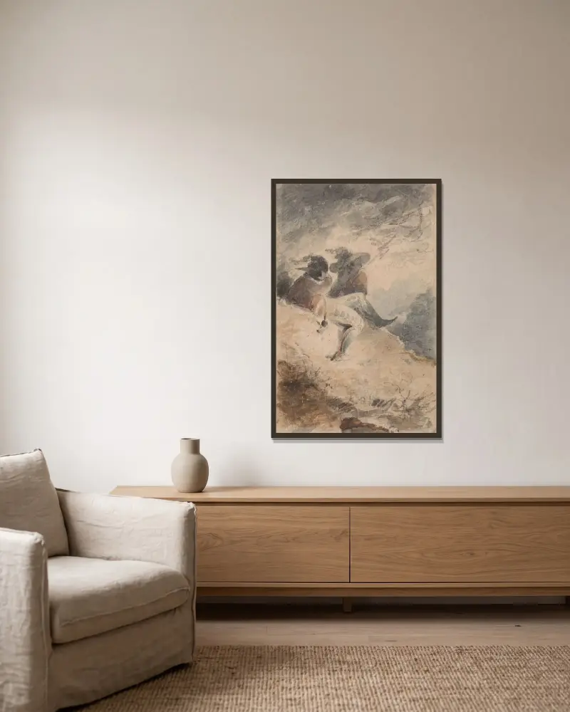 Fantastiska figurer sittande på en kulle av John Sell Cotman inramad på en vägg