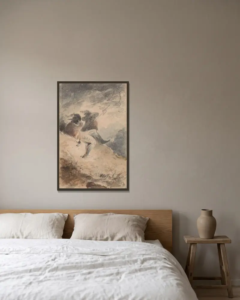 Fantastiska figurer sittande på en kulle av John Sell Cotman inramad på en vägg