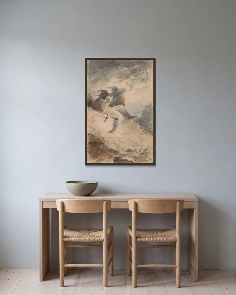 Fantastiska figurer sittande på en kulle av John Sell Cotman inramad på en vägg