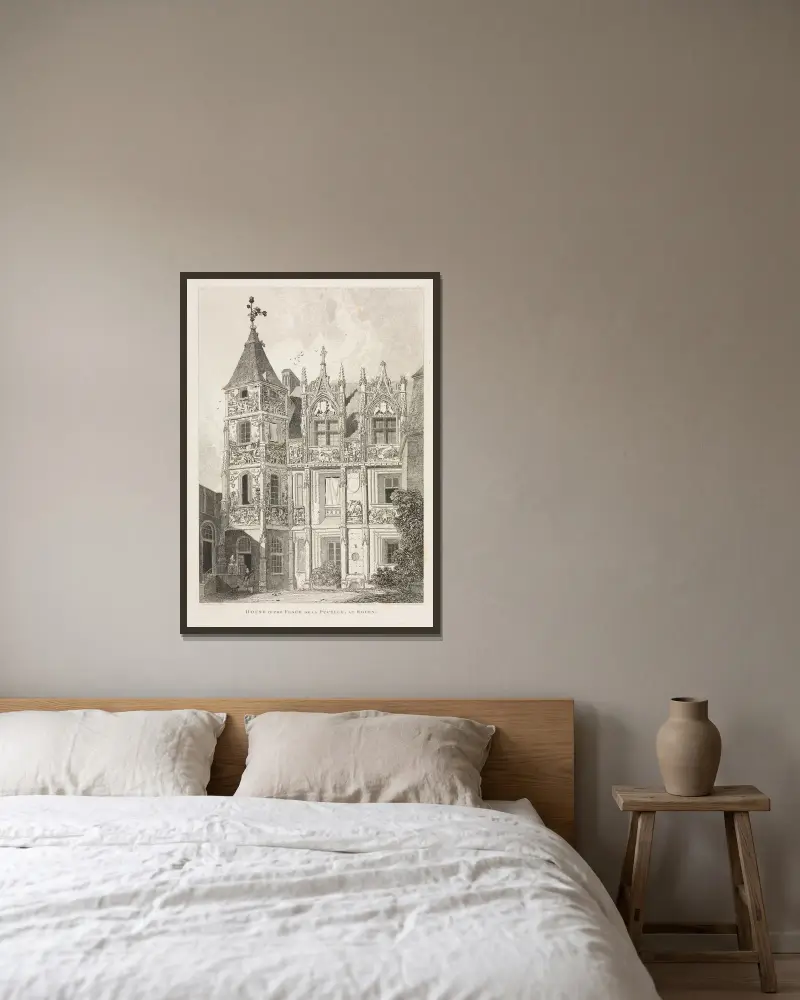 Hus på Place de la Pucelle i Rouen av John Sell Cotman inramad på en vägg