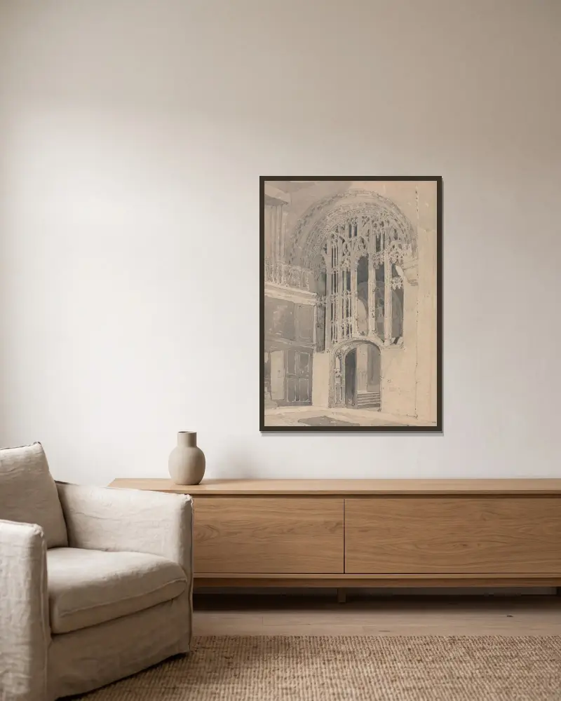 Interiör från Norwich Cathedral; Dörr och skärm mellan södra tvärskeppet och presbyteriets sidoskepp av John Sell Cotman inramad på en vägg