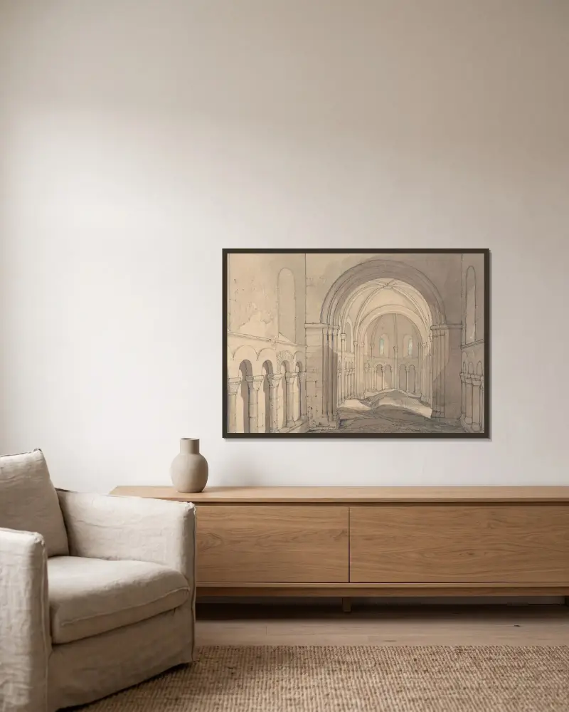 Interiér kaple svatého Juliána u Rouenu v Normandii, John Sell Cotman v rámu na stěně
