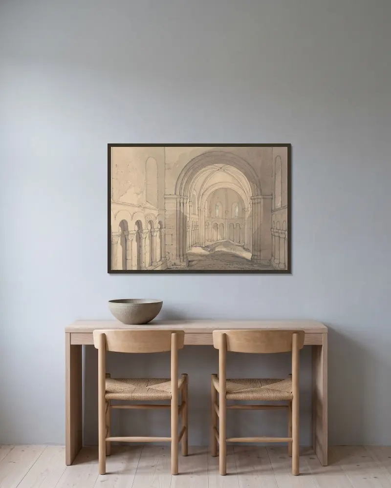 Interiér kaple svatého Juliána u Rouenu v Normandii, John Sell Cotman v rámu na stěně