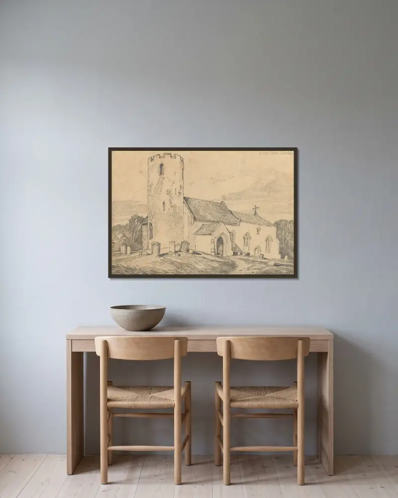 Kyrkan i Kirby Cane, Suffolk av John Sell Cotman inramad på en vägg