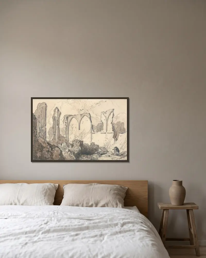Ruin bakom friskolan, Thetford, Suffolk av John Sell Cotman inramad på en vägg