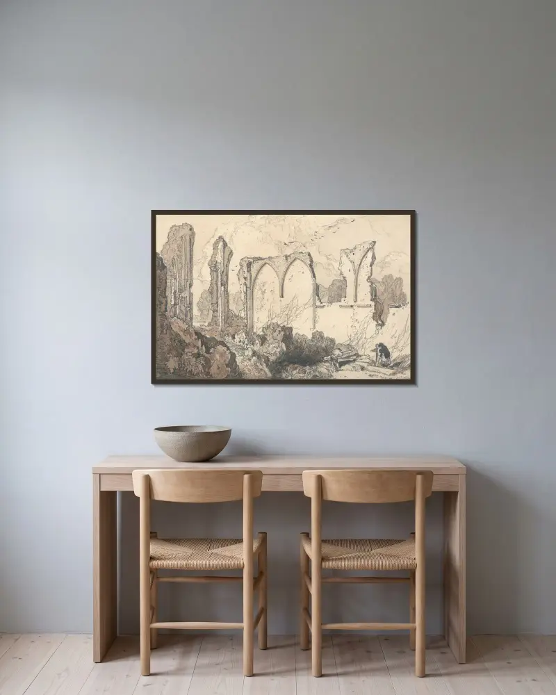 Ruin bakom friskolan, Thetford, Suffolk av John Sell Cotman inramad på en vägg