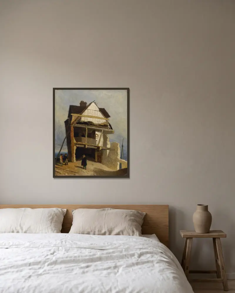 Förfallen gård av John Sell Cotman inramad på en vägg