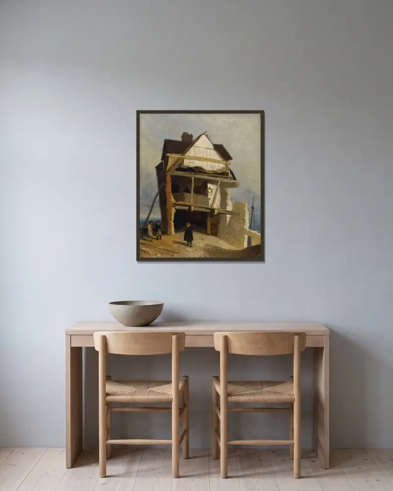 Förfallen gård av John Sell Cotman inramad på en vägg