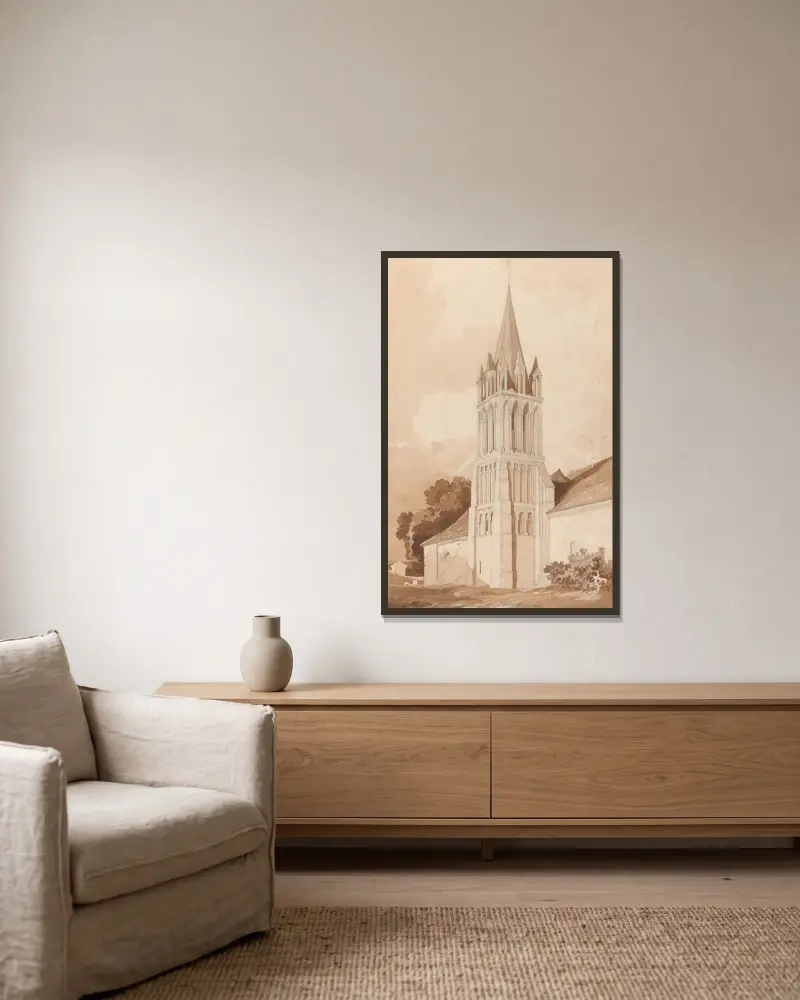 Jihovýchodní pohled na kostel v Ifs, nedaleko Caen, Normandie, John Sell Cotman v rámu na stěně