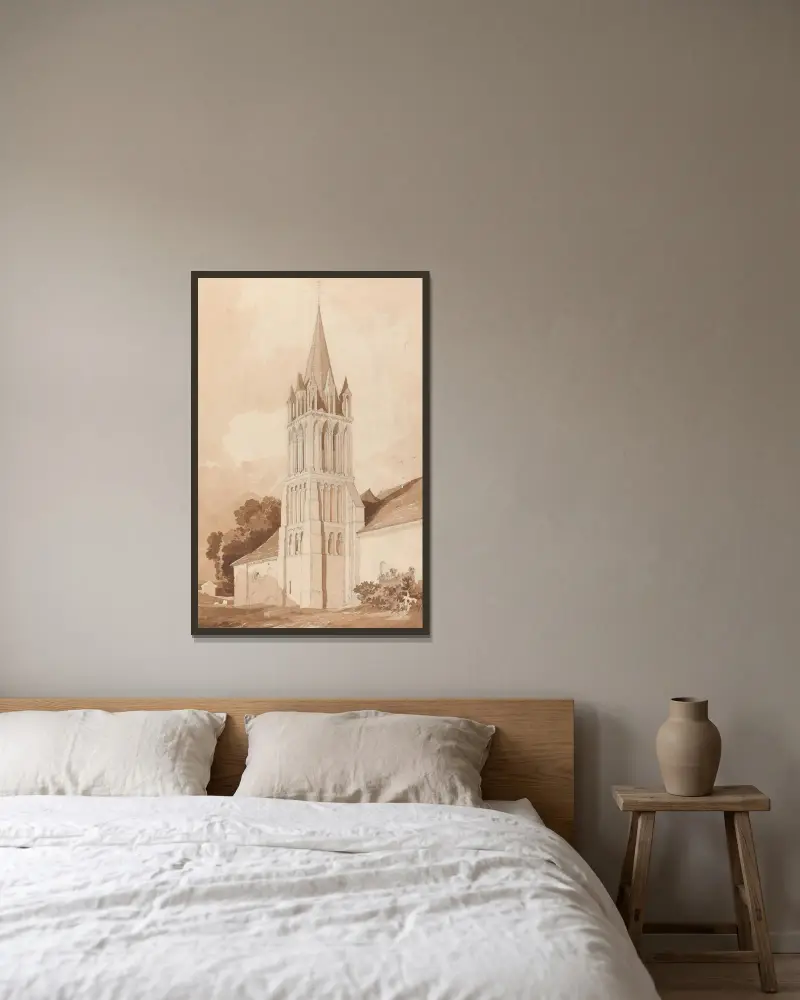 Jihovýchodní pohled na kostel v Ifs, nedaleko Caen, Normandie, John Sell Cotman v rámu na stěně