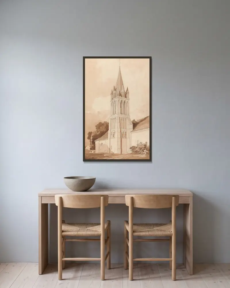 Jihovýchodní pohled na kostel v Ifs, nedaleko Caen, Normandie, John Sell Cotman v rámu na stěně
