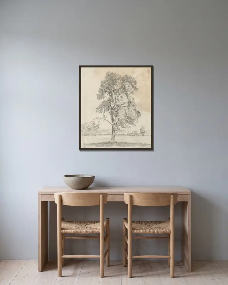Studie av ett träd av John Sell Cotman inramad på en vägg
