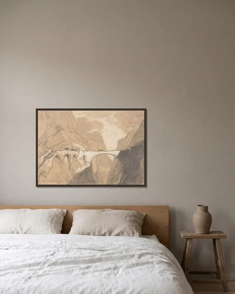 Resenärer korsar en bro över en alpkluft av John Sell Cotman inramad på en vägg