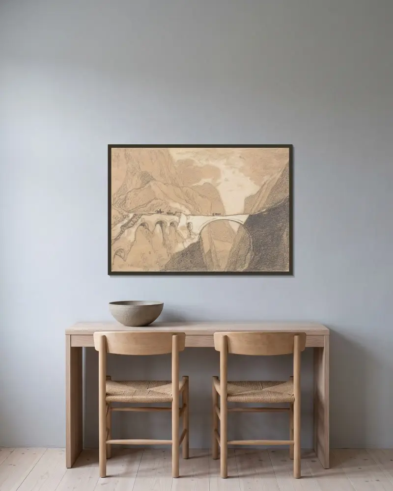 Resenärer korsar en bro över en alpkluft av John Sell Cotman inramad på en vägg