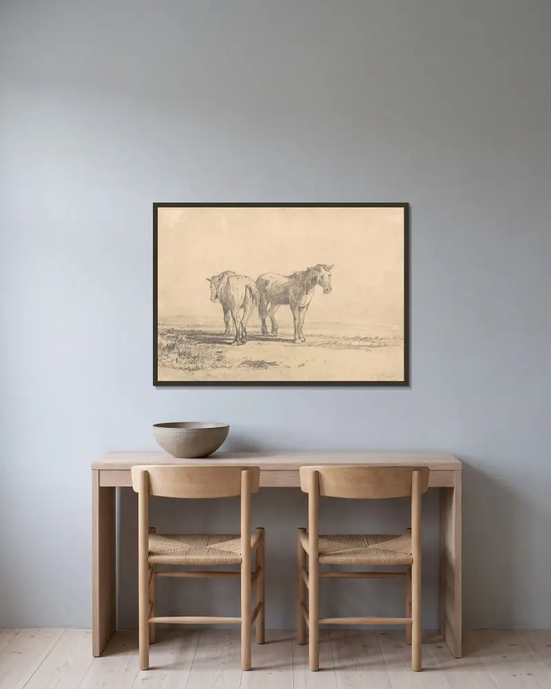 Två gamla hästar på ett fält av John Sell Cotman inramad på en vägg