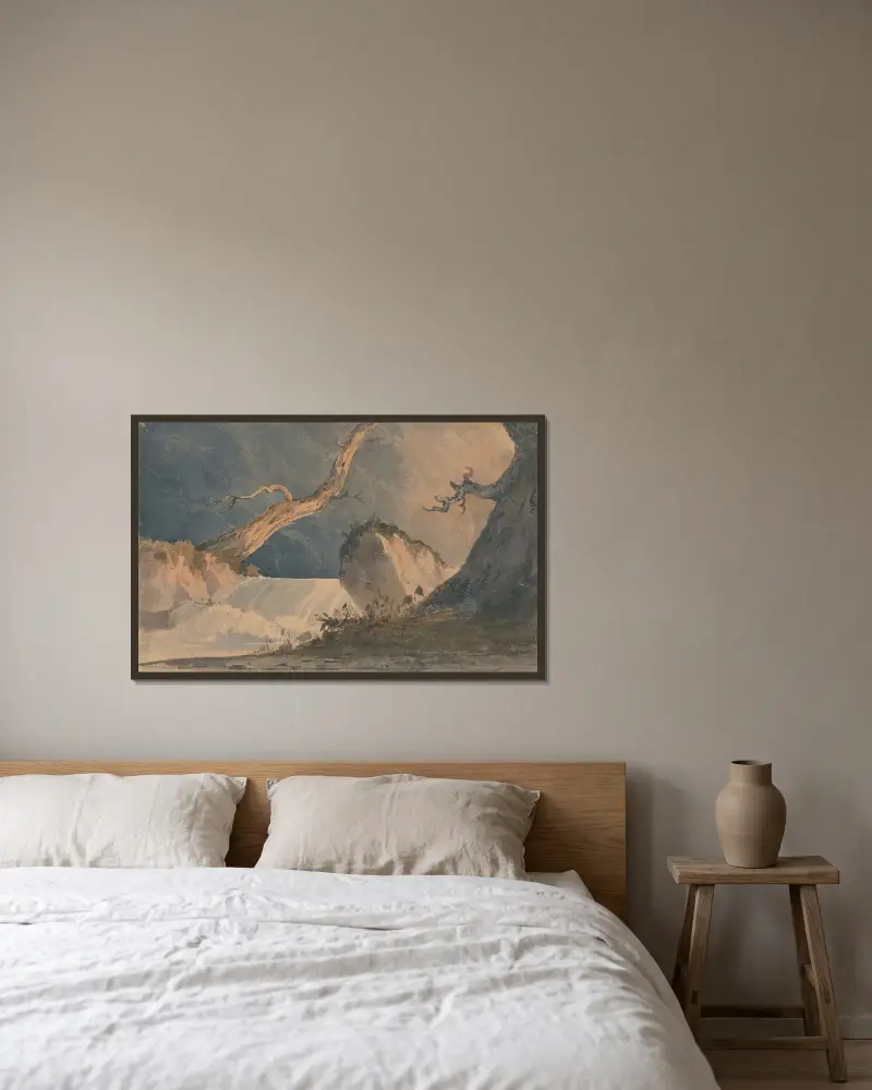 Vattenfall i ett ödsligt landskap av John Sell Cotman inramad på en vägg