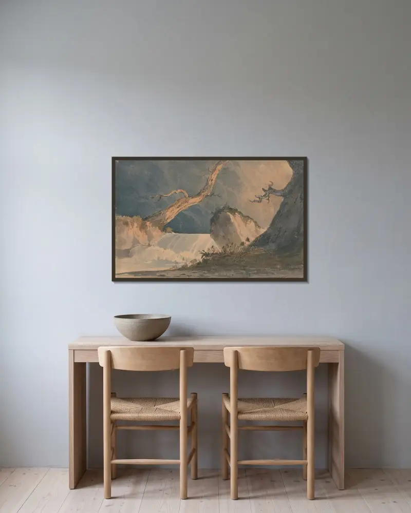 Vattenfall i ett ödsligt landskap av John Sell Cotman inramad på en vägg