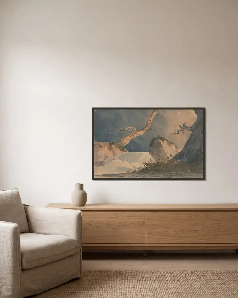 Vattenfall i ett ödsligt landskap av John Sell Cotman inramad på en vägg