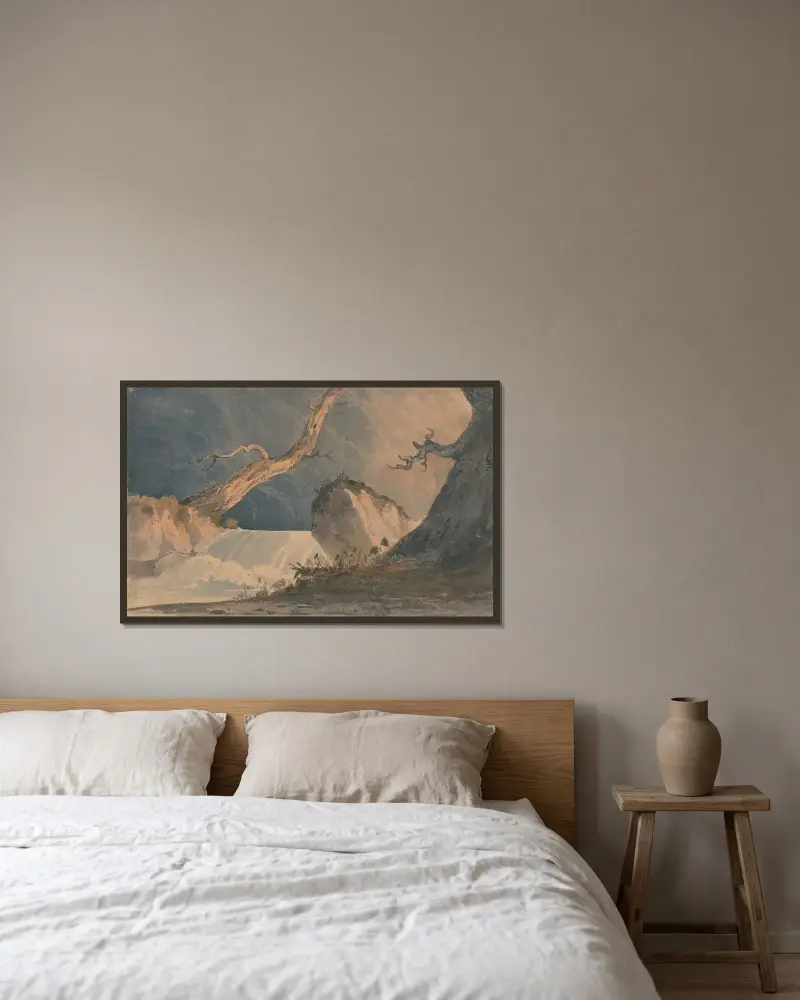 Vattenfall i ett ödsligt landskap av John Sell Cotman inramad på en vägg