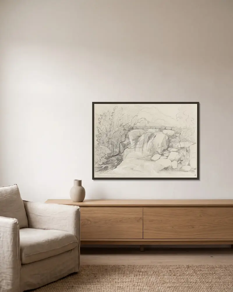 Vattenfall med klippor av John Sell Cotman inramad på en vägg