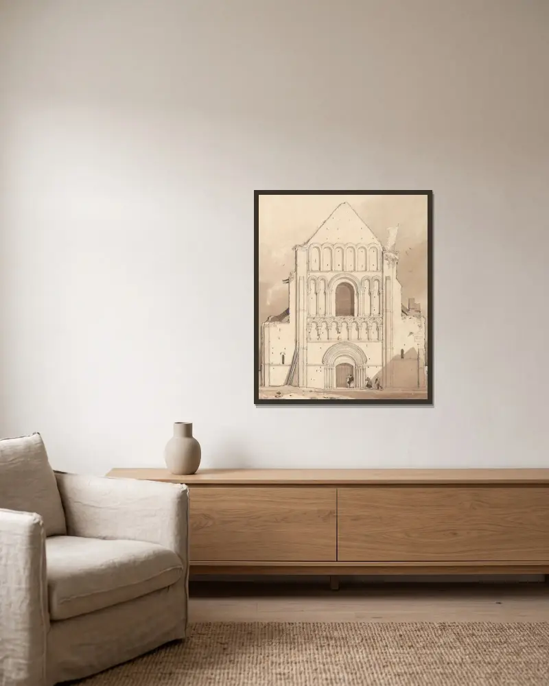 Västfasaden av kyrkan i Ouistreham, nära Caen, Normandie av John Sell Cotman inramad på en vägg