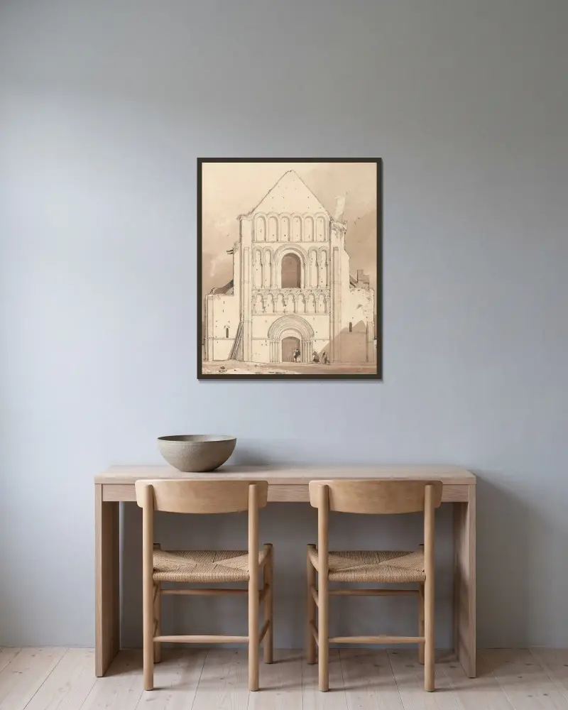 Västfasaden av kyrkan i Ouistreham, nära Caen, Normandie av John Sell Cotman inramad på en vägg