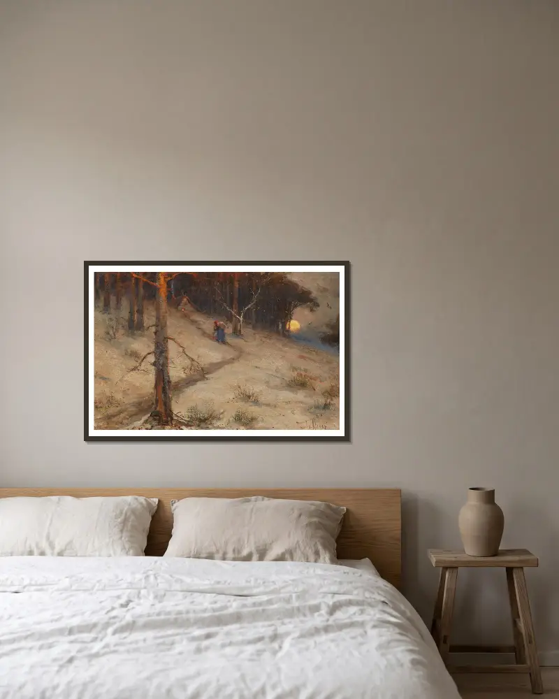 Abendliche Landschaft mit Kräutersammlerin av Julius Sergius Klever inramad på en vägg
