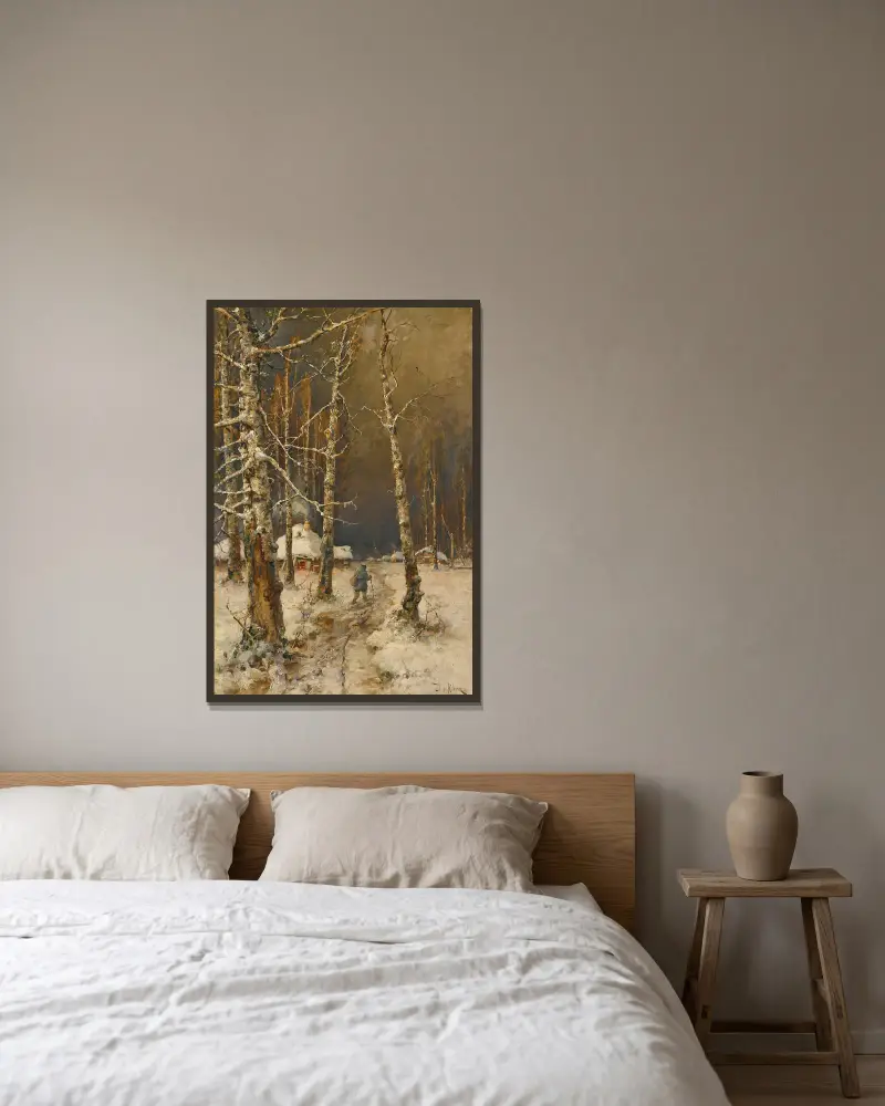 Traveller In The Snow av Julius Sergius Klever inramad på en vägg