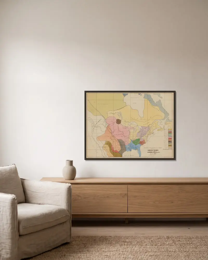 Ethnographic Map of the Indian Tribes of the United States, A.D. 1600 av Seth Eastman inramad på en vägg