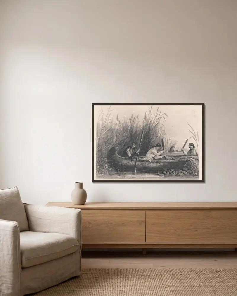 Wildreis-Sammeln, 1850 von Seth Eastman gerahmt an einer Wand