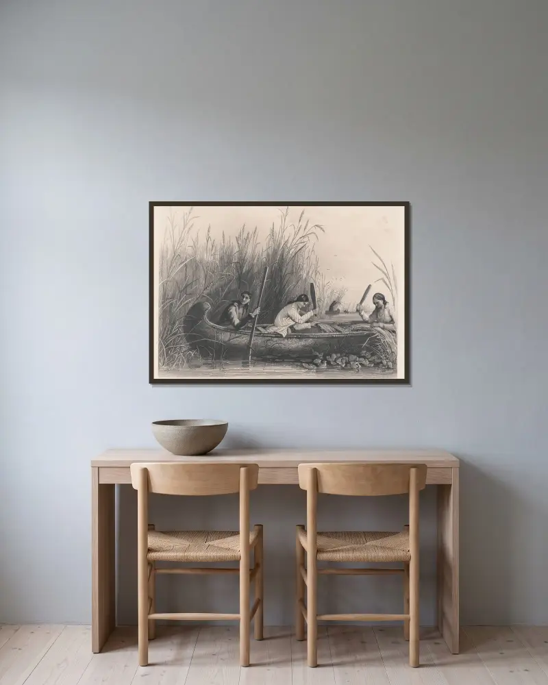 Wildreis-Sammeln, 1850 von Seth Eastman gerahmt an einer Wand
